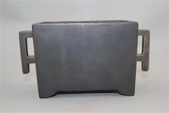 A Chinese bronze rectangular censer, Fang Ding, Xuande six character mark, 18cm across, 9cm